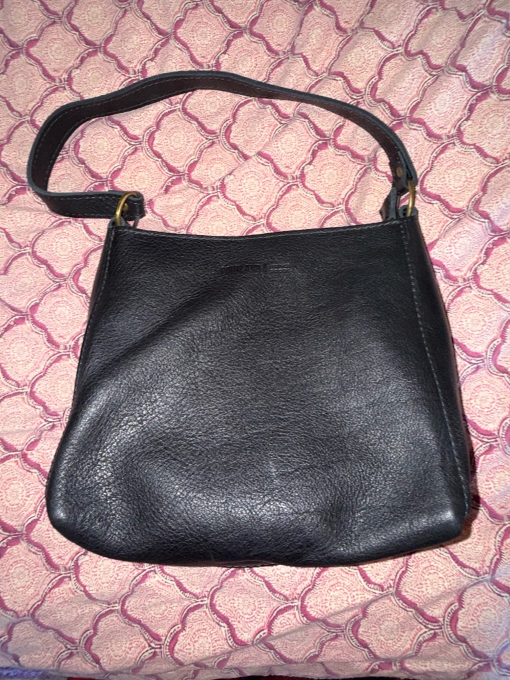 Portland leather good black pebbled leather shoulder bag single strap brass hard